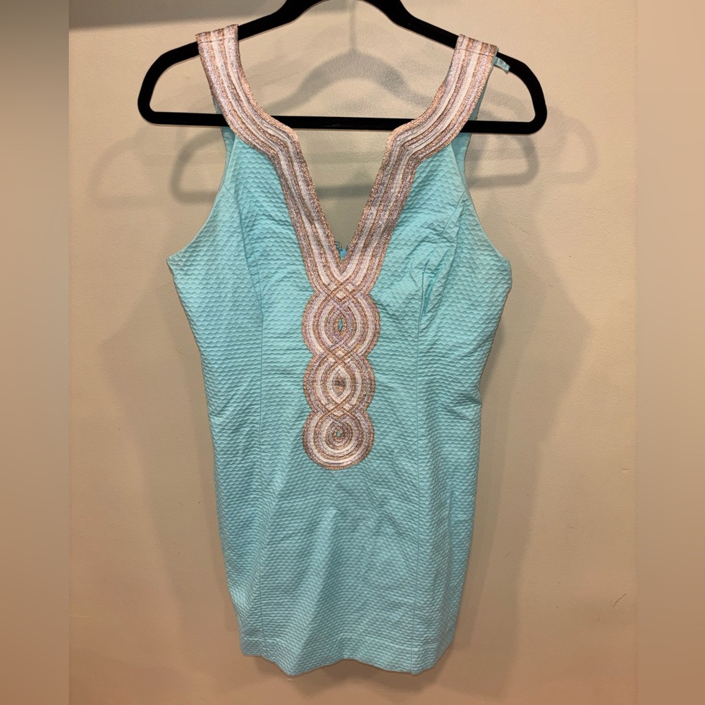 Lilly Pulitzer Valli Teal Shift dress with Metallic piping and detail - Size 6